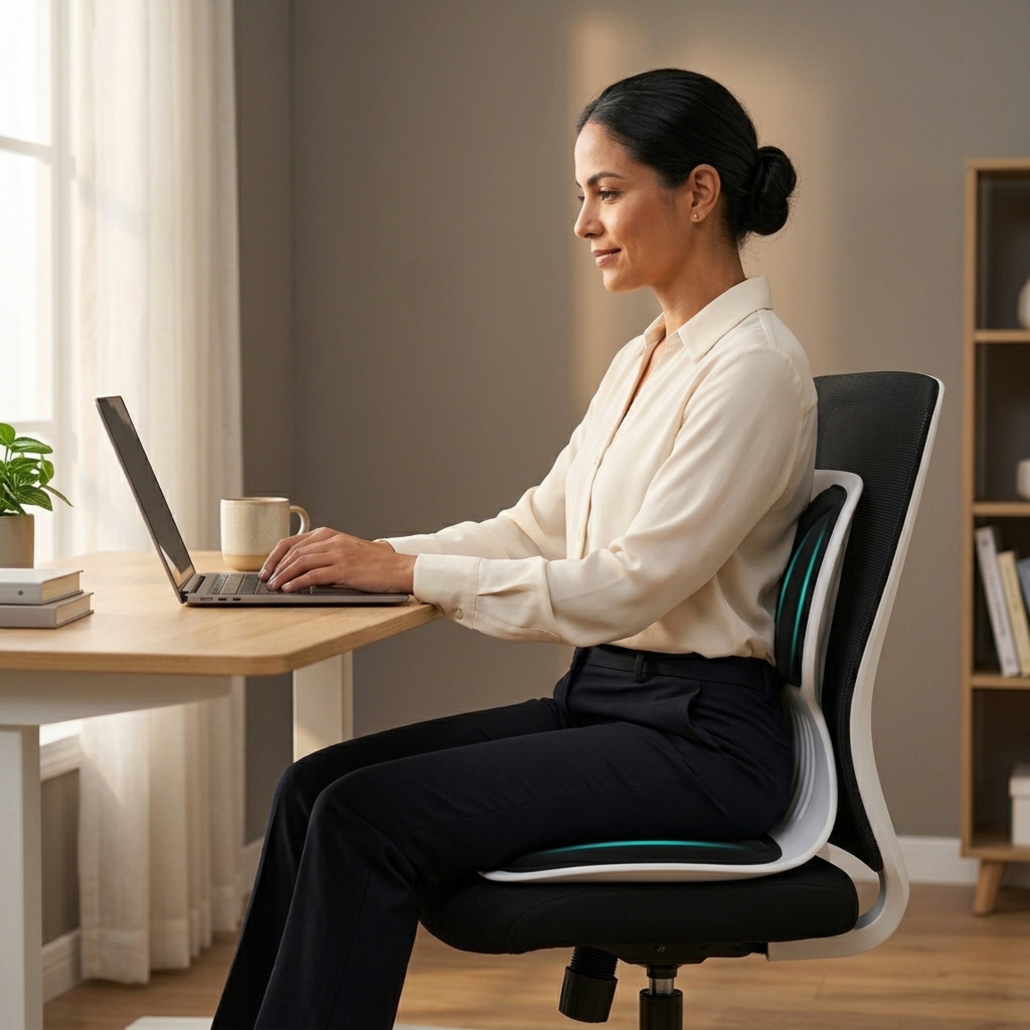 Mujer trabajando con postura correcta en home office